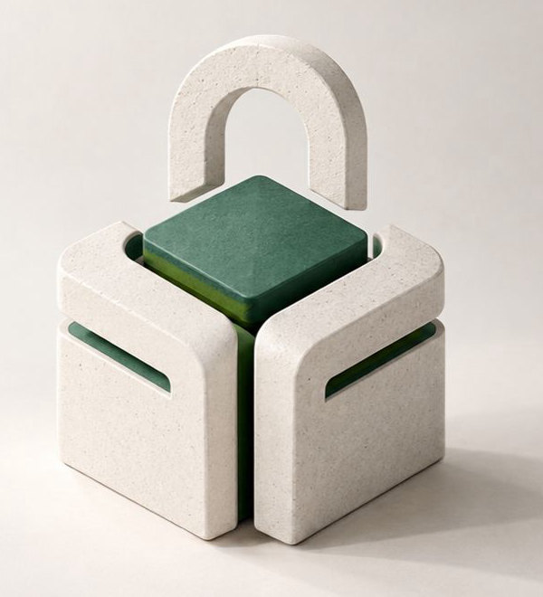 A stone cube split into three parts around a green core, with an open shackle floating above it
